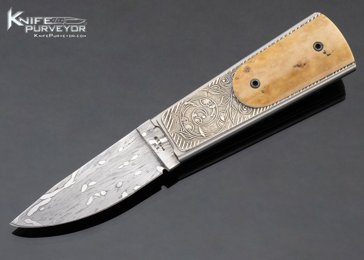 Gary-Barnes-Custom-Knife-Master-Smith-Damascus-Engraved-Mammoth-Funny-Folder-12883-open 12883