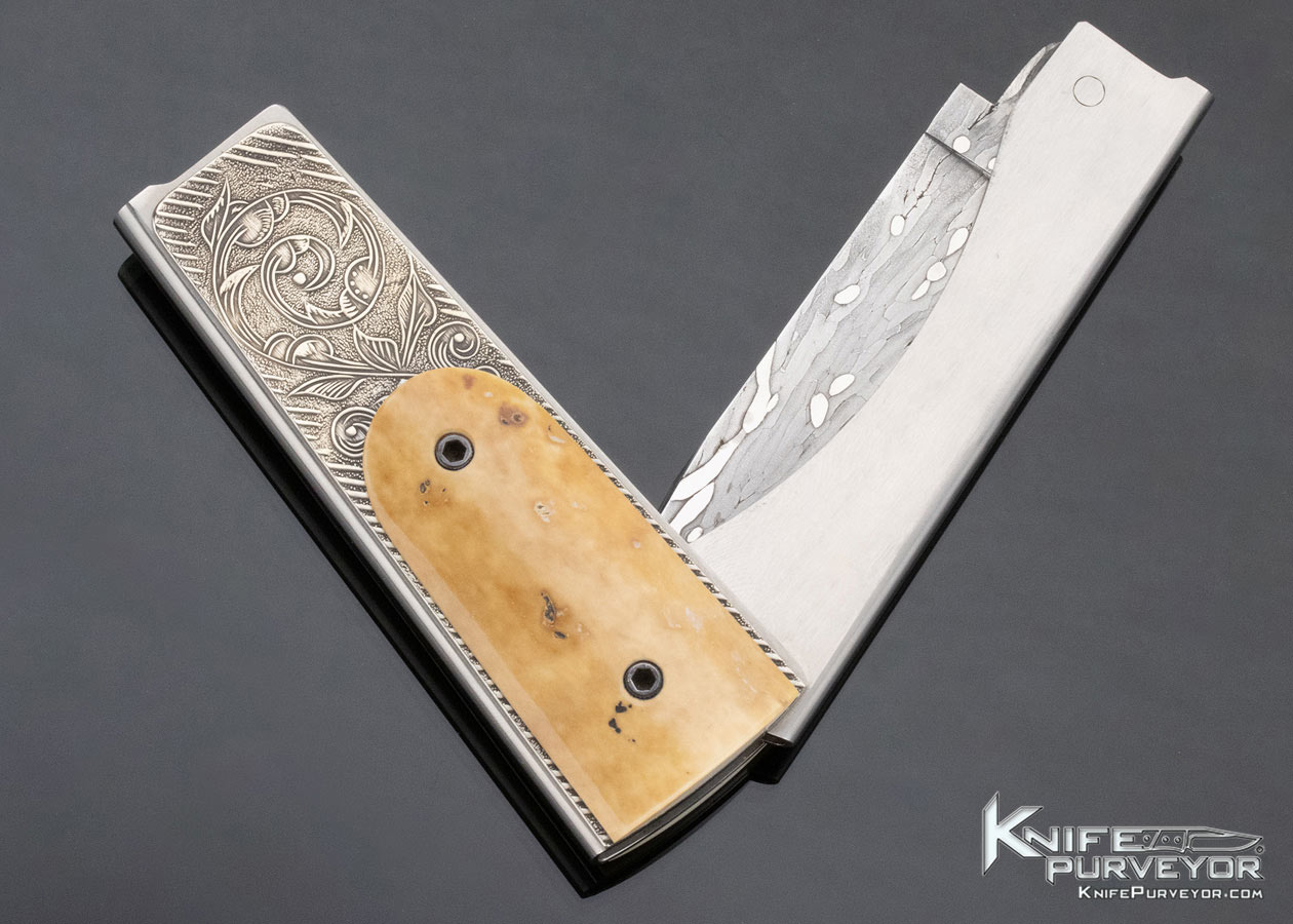 Gary-Barnes-Custom-Knife-Master-Smith-Damascus-Engraved-Mammoth-Funny-Folder-12883-open 12883