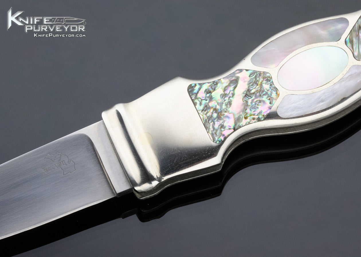 Jim Serven Custom Knife Abalone and Green Sea Snail Shell Interframe Finial Lock Dagger - Image 2