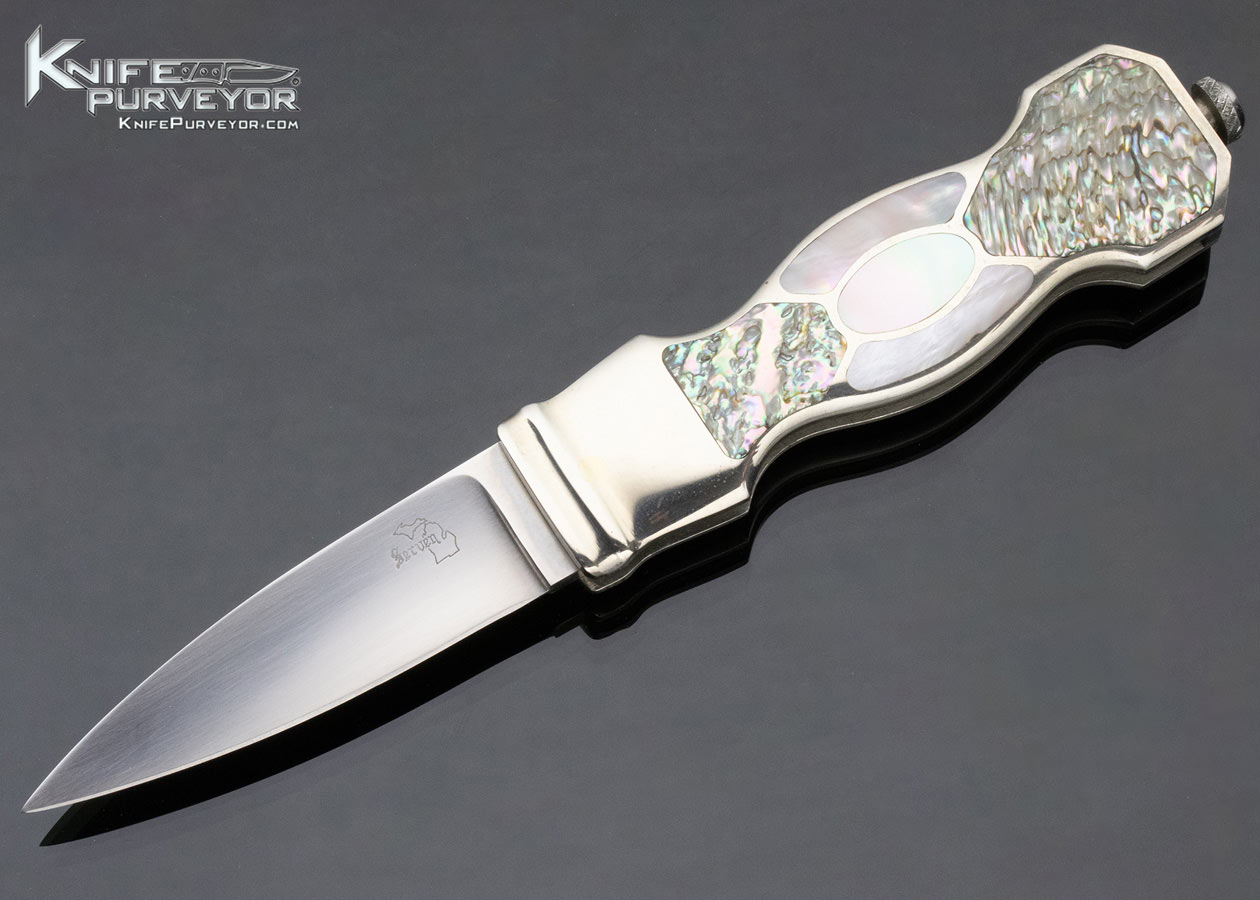 Jim-Serven-Custom-Knife-Abalone-and-Green-Sea-Snail-Shell-Interframe-Button-Lock-Dagger-12858-open 12858