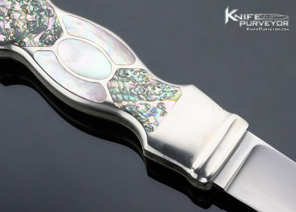 Jim Serven Custom Knife Abalone and Green Sea Snail Shell Interframe Finial Lock Dagger - Image 4