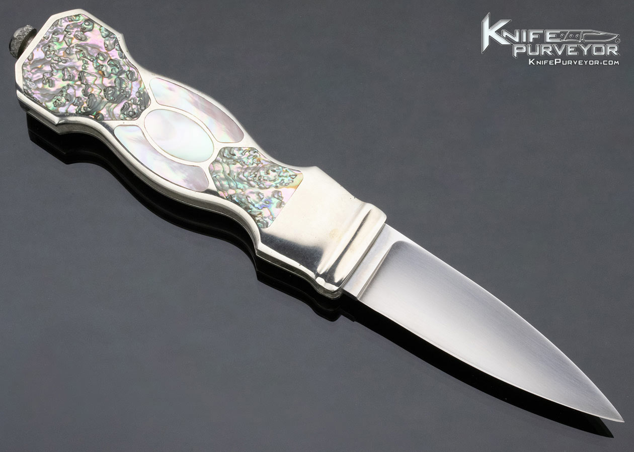 Jim Serven Custom Knife Abalone and Green Sea Snail Shell Interframe Finial Lock Dagger - Image 3