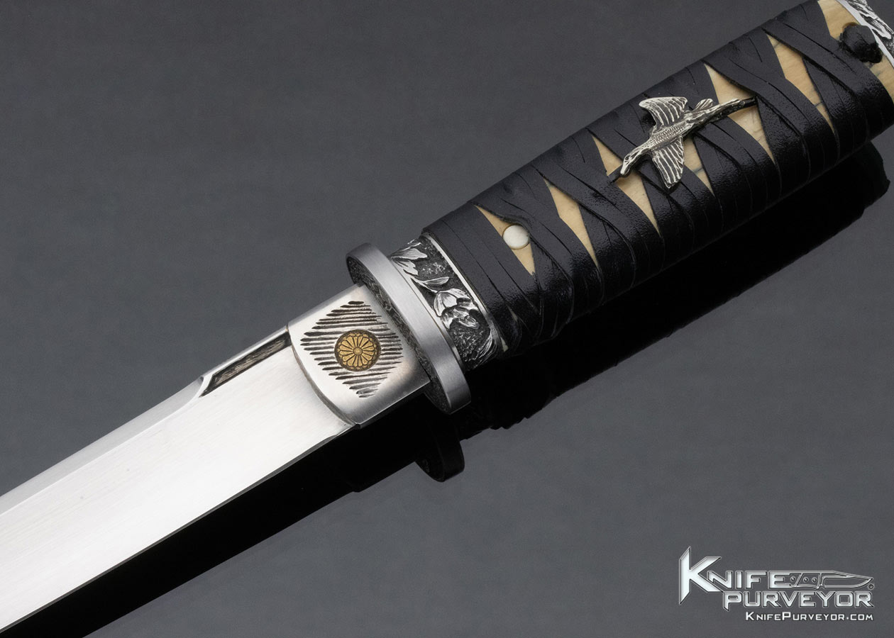 Jim Sornberger Custom Knife Leather Wrapped Mammoth Tanto with Flying Crane - Image 2