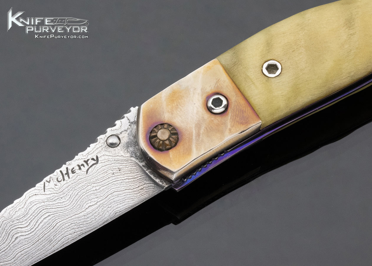 Bill McHenry Custom Knife Rams Horn and Damascus Left Handed Linerlock - Image 2