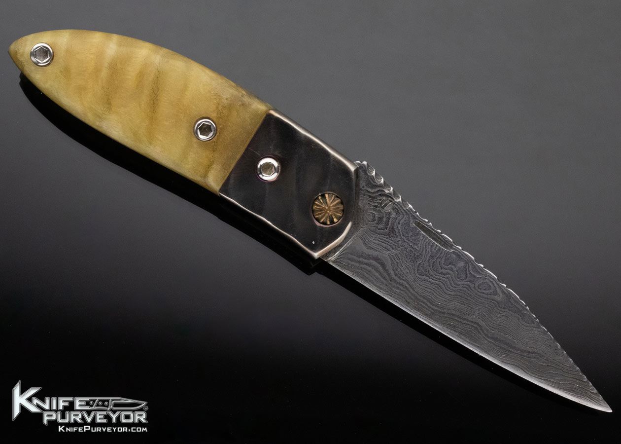 Bill McHenry Custom Knife Rams Horn and Damascus Left Handed Linerlock - Image 3