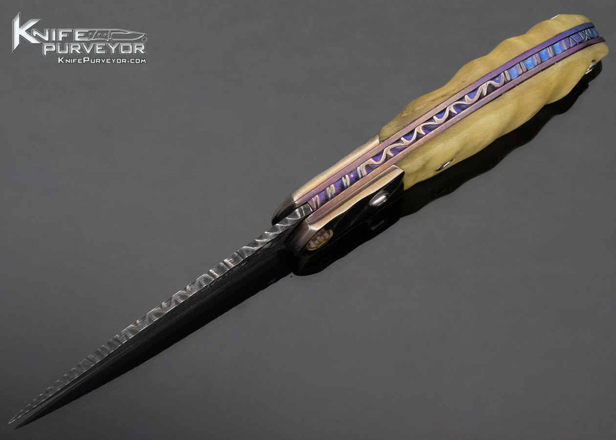 Bill McHenry Custom Knife Rams Horn and Damascus Left Handed Linerlock - Image 5