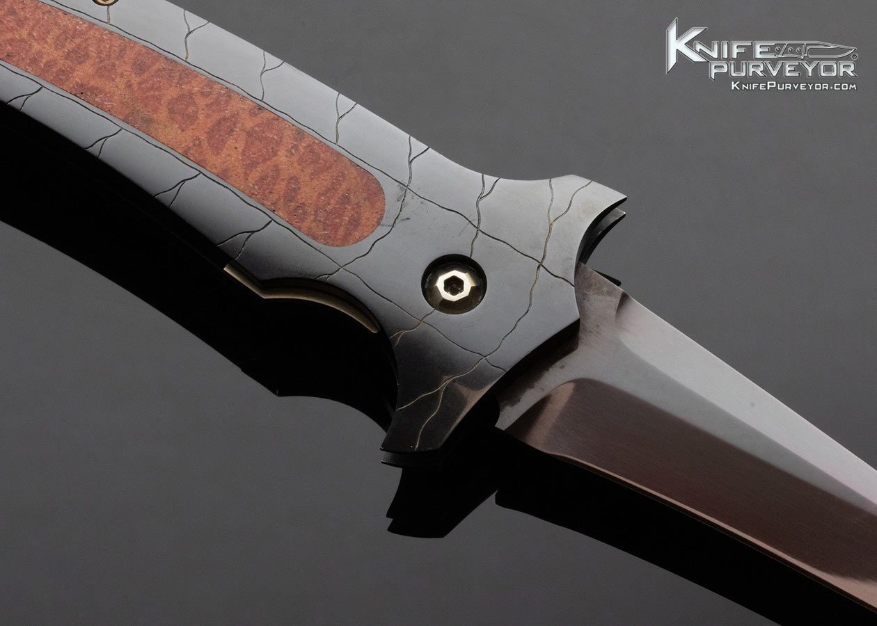 Jeff Harkins Custom Knife Blued Sole Authorship Engraved Red Coral Interframe Automatic Linerlock - Image 4