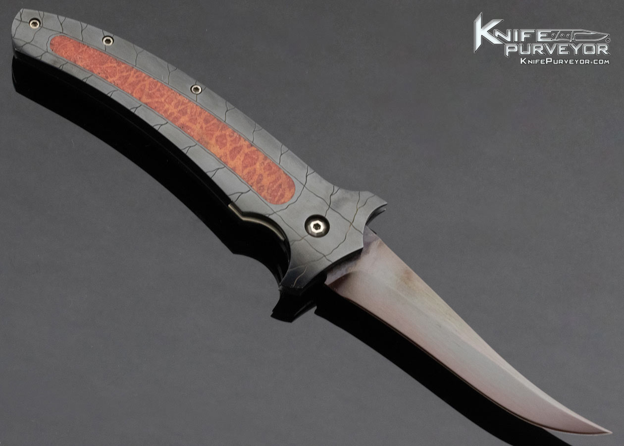 Jeff Harkins Custom Knife Blued Sole Authorship Engraved Red Coral Interframe Automatic Linerlock - Image 3