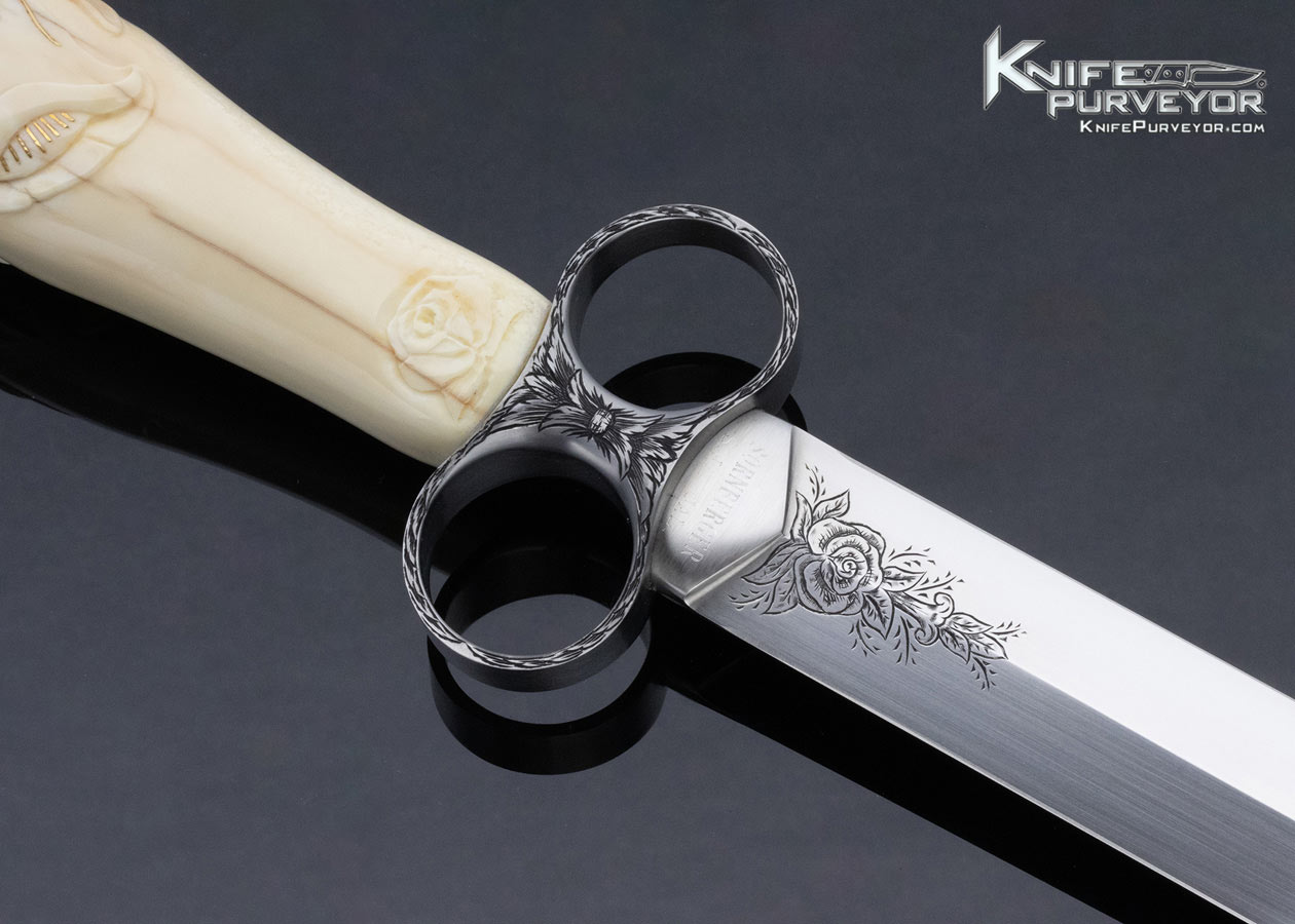 Jim Sornberger Custom Knife Rose Engraved Double Ring Guard Carved Walrus Dagger - Image 3