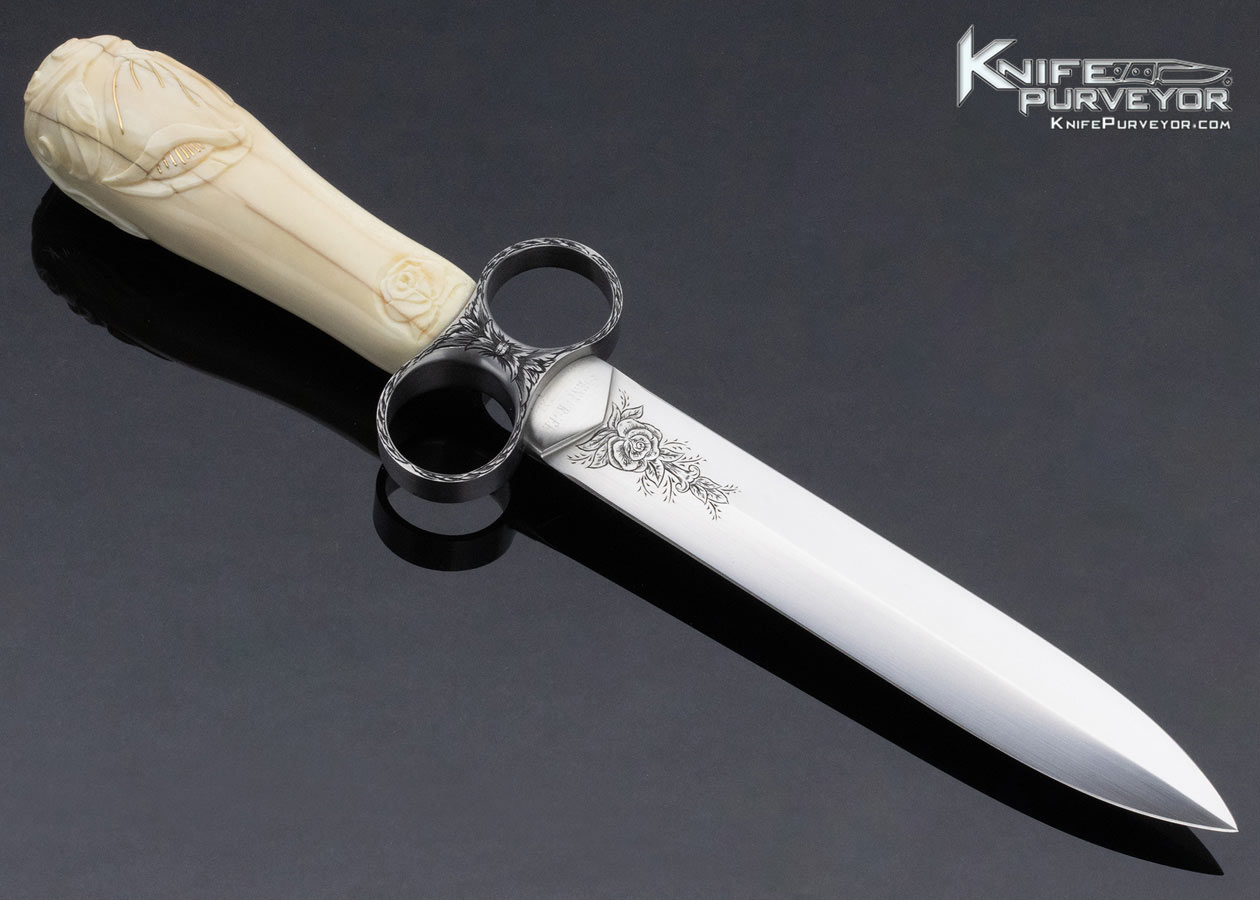 Jim Sornberger Custom Knife Rose Engraved Double Ring Guard Carved Walrus Dagger - Image 2