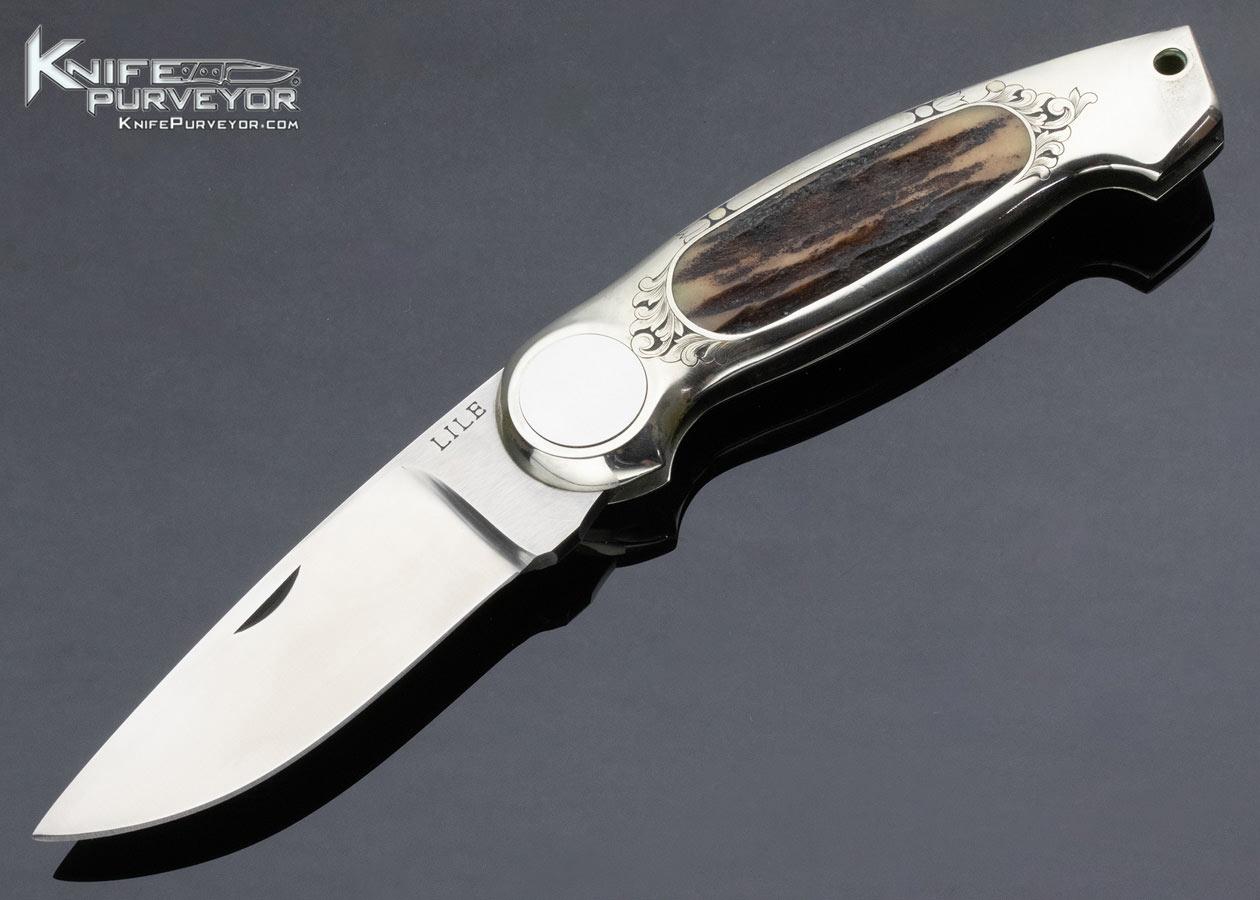 Jimmy Lile Custom Knife James Stewart Engraved Stag Interframe Button Lock 13519
