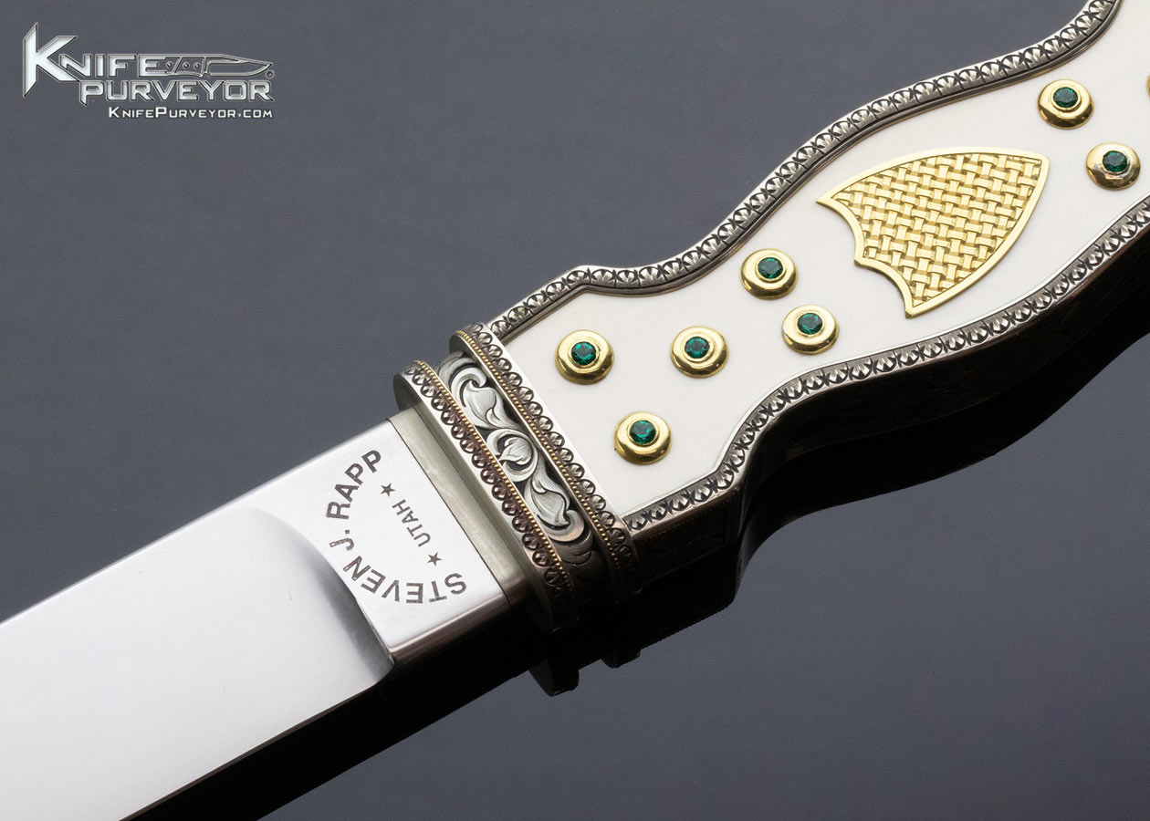 Steven Rapp Custom Knife Julie Warenski Engraved California Dagger with Emerald's and Gold Shield Lugs 13569