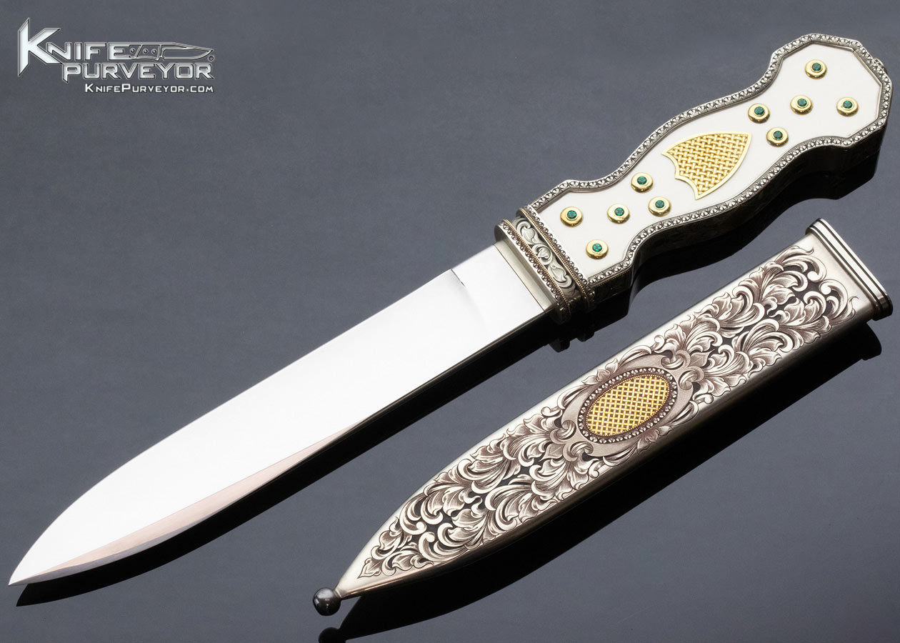 Steven Rapp Custom Knife Julie Warenski Engraved California Dagger with Emerald's and Gold Shield Lugs - Image 5