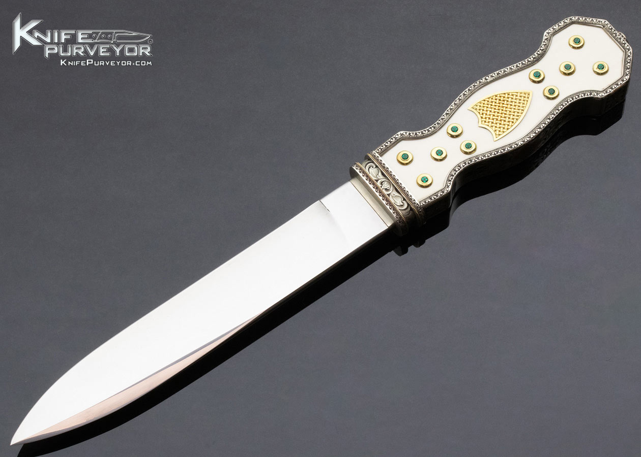 Steven Rapp Custom Knife Julie Warenski Engraved California Dagger with Emerald's and Gold Shield Lugs 13569