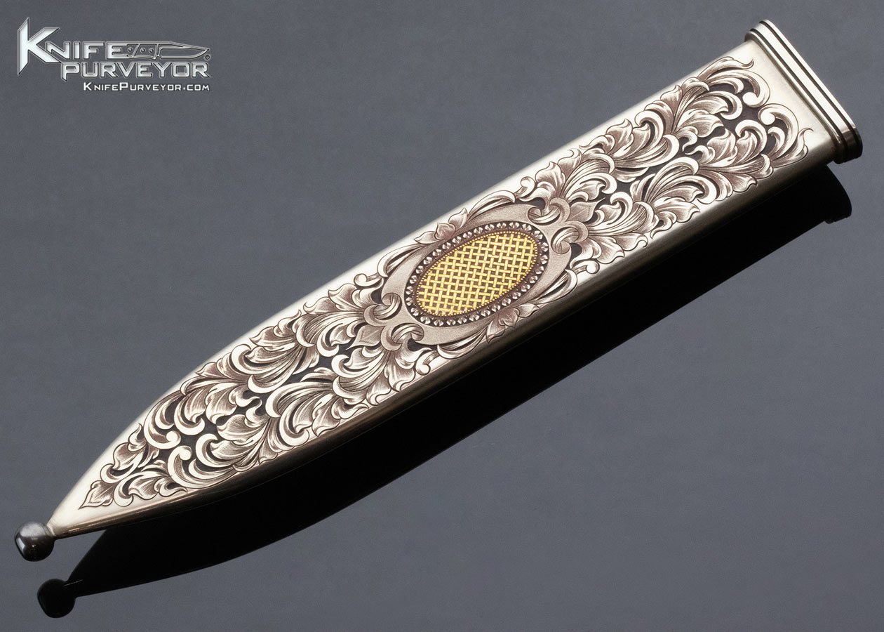 Steven Rapp Custom Knife Julie Warenski Engraved California Dagger with Emerald's and Gold Shield Lugs - Image 7
