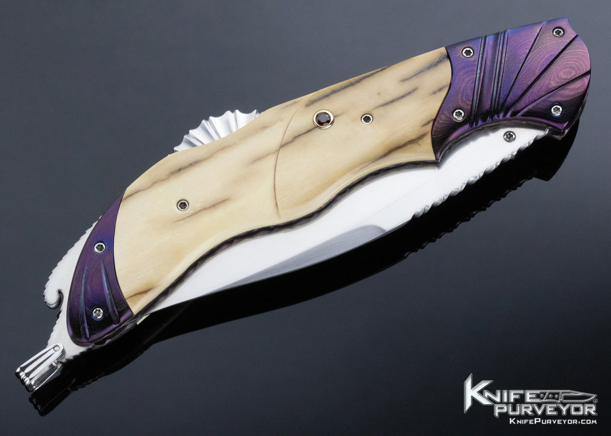 Donald Vogt Custom Knife Blued Damascus and Carved Mammoth Lockback - Image 4
