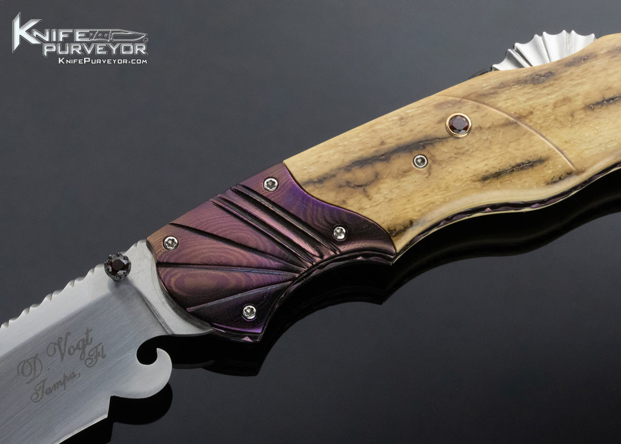 Donald Vogt Custom Knife Blued Damascus and Carved Mammoth Lockback - Image 2