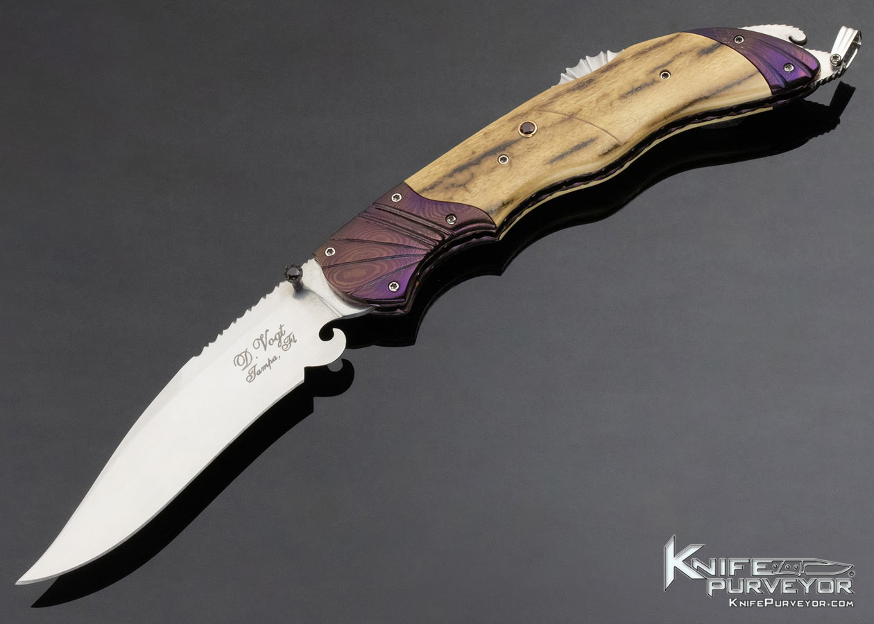 Donald Vogt Custom Knife Blued Damascus and Carved Mammoth Lockback 12299