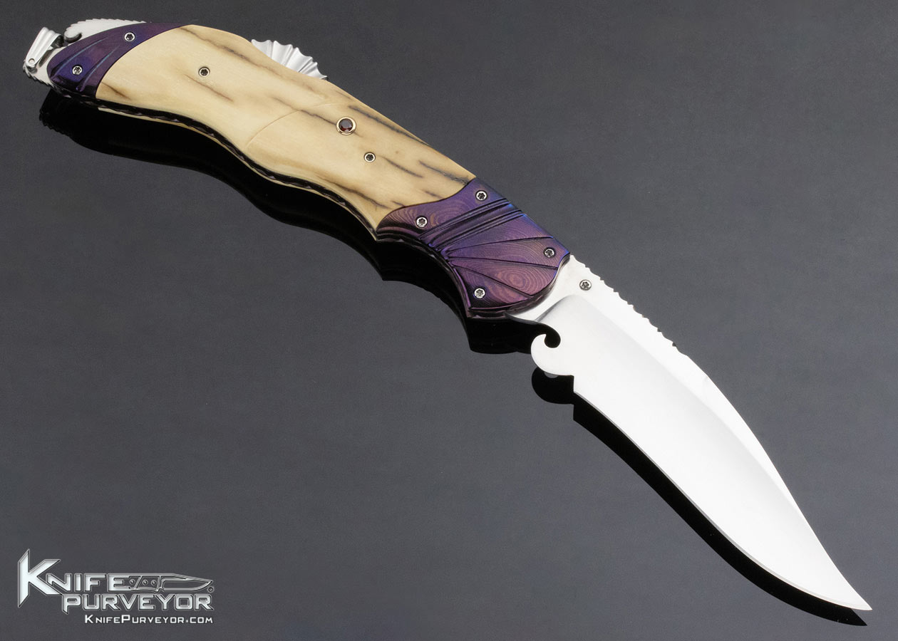Donald Vogt Custom Knife Blued Damascus and Carved Mammoth Lockback - Image 3