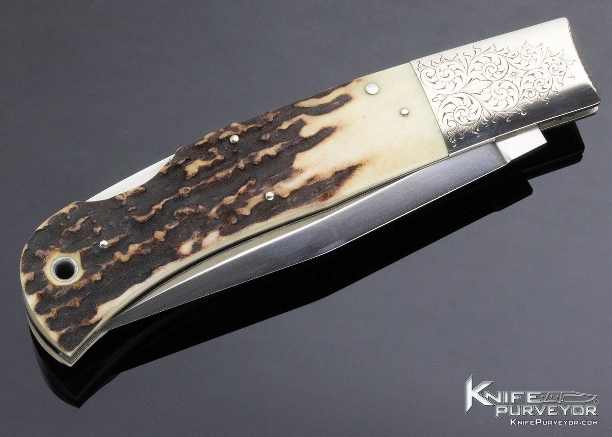 Jess Horn Custom Knife Stag Folding Boot Knife Lockback Engraved by George Sherwood - Image 5