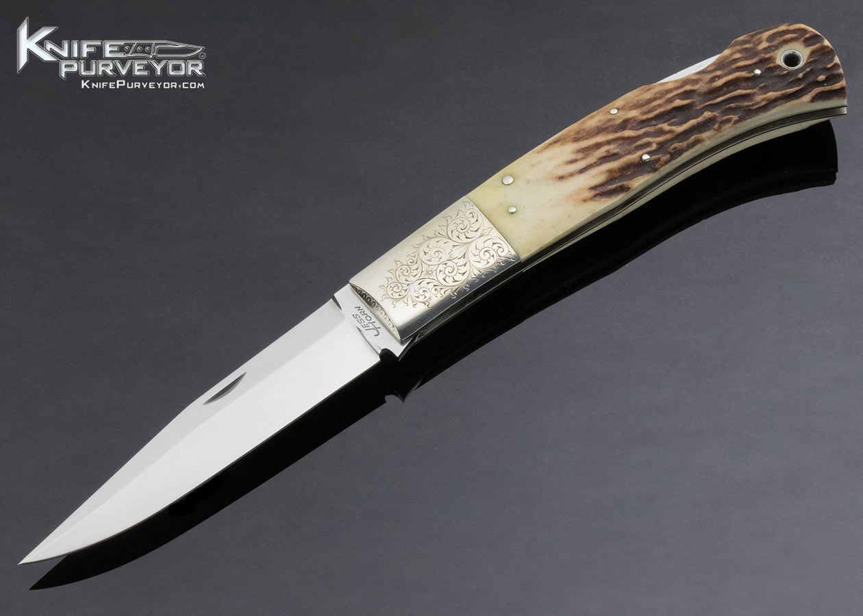 Jess Horn Custom Knife Stag Folding Boot Knife Lockback Engraved by George Sherwood 13094