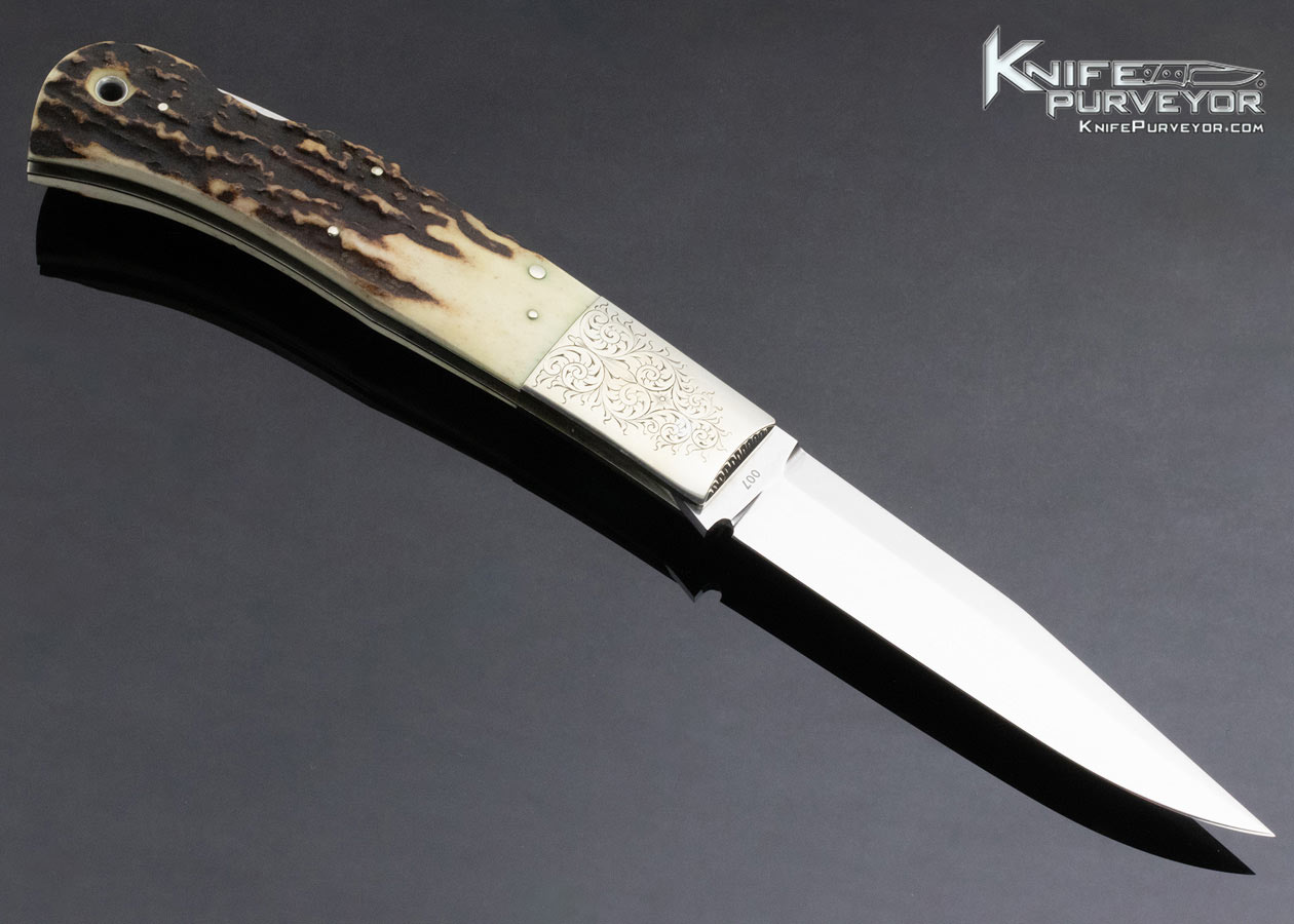 Jess Horn Custom Knife Stag Folding Boot Knife Lockback Engraved by George Sherwood - Image 4