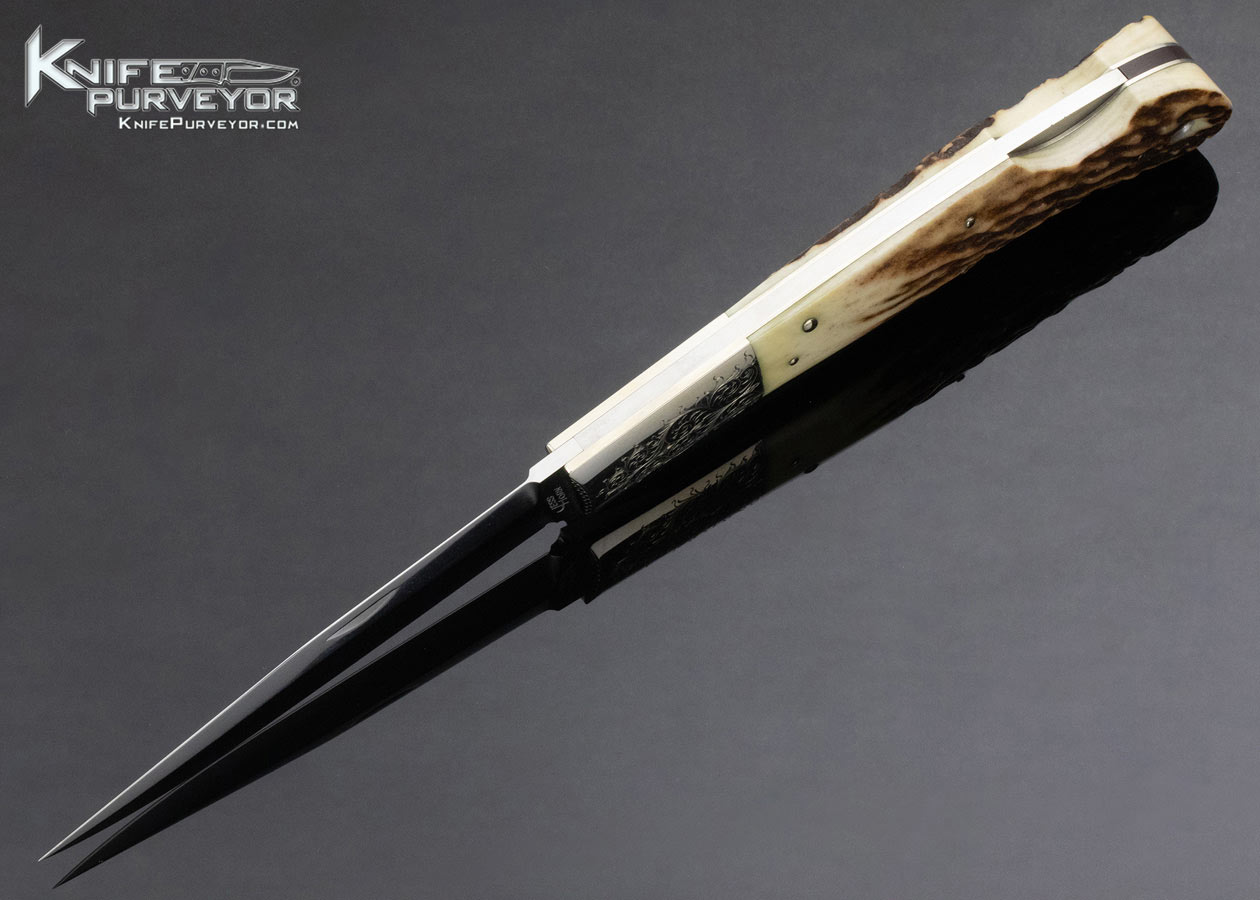 Jess Horn Custom Knife Stag Folding Boot Knife Lockback Engraved by George Sherwood - Image 2