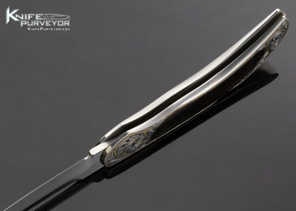 Warren Osborne Custom Knife Black Lip Tahitian Pearl Shell Interframe Trailing Point Lockback Engraved by Ray Cover Jr. 13059