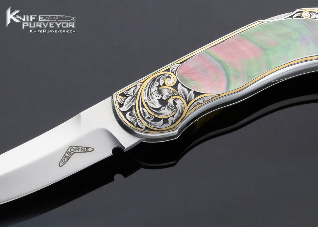 Warren Osborne Custom Knife Black Lip Tahitian Pearl Shell Interframe Trailing Point Lockback Engraved by Ray Cover Jr. - Image 2