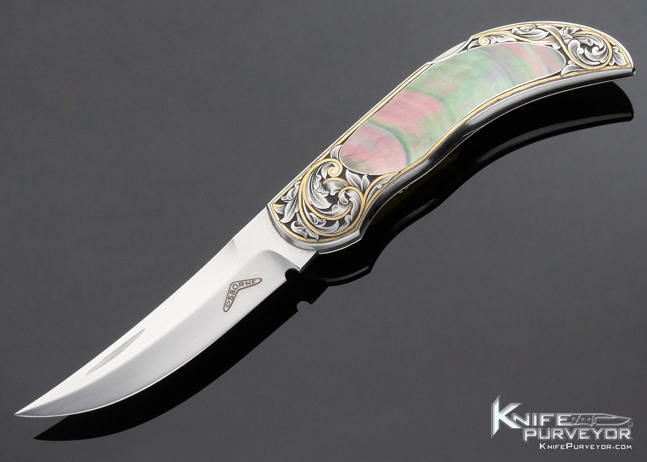 Warren Osborne Custom Knife Black Lip Tahitian Pearl Shell Interframe Trailing Point Lockback Engraved by Ray Cover Jr. 13059