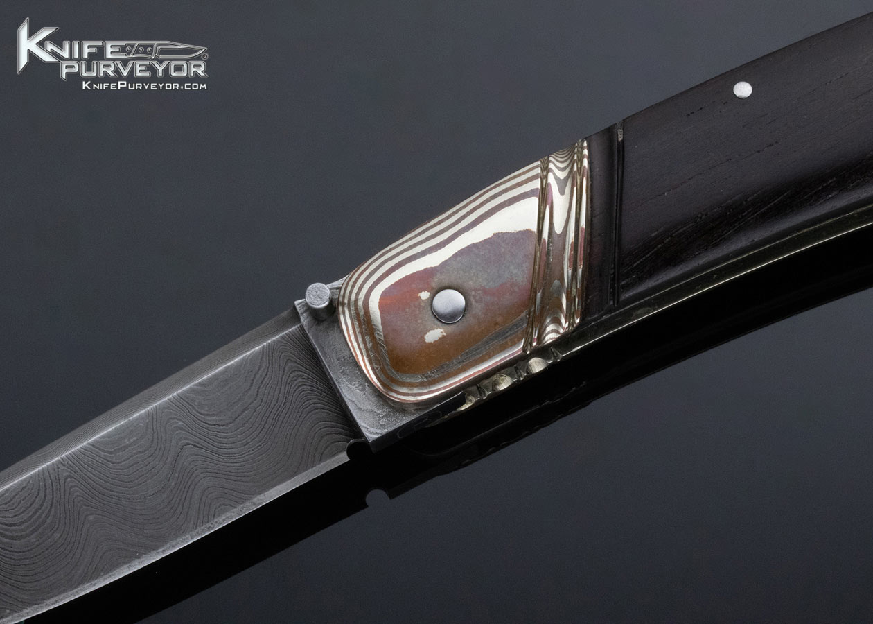 Barry Davis Custom Knife Damascus, Mokume and Ebony Lockback - Image 2