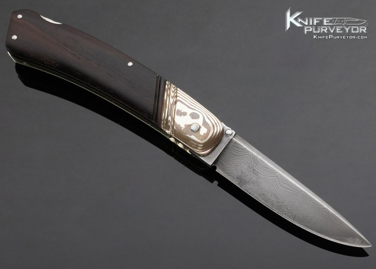 Barry Davis Custom Knife Damascus, Mokume and Ebony Lockback - Image 3