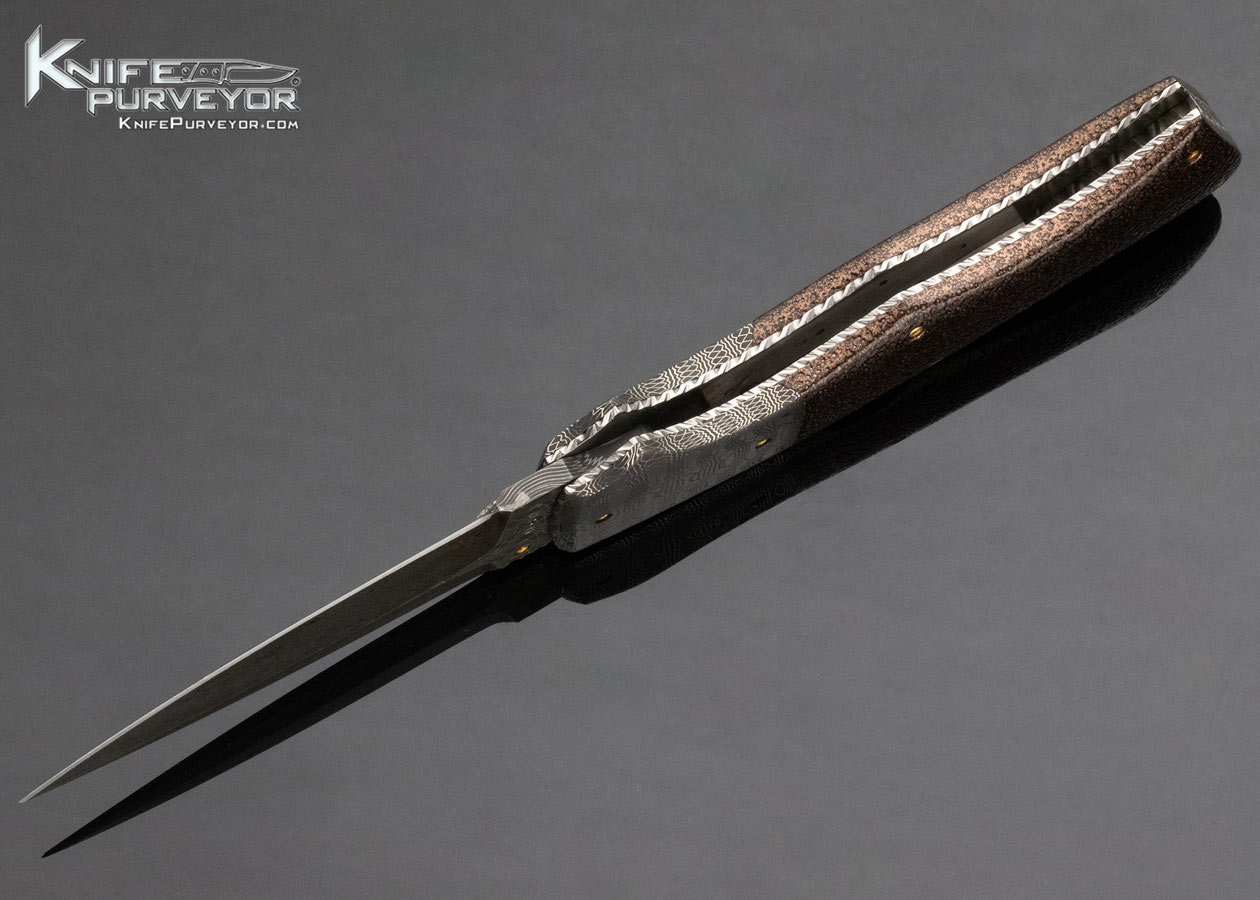 Charlie Dake Custom Knife Damascus and Stippled Patina Metal Double Action Automatic Front Lock - Image 6