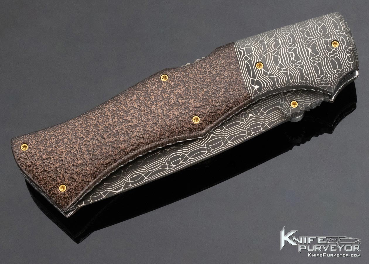 Charlie Dake Custom Knife Damascus and Stippled Patina Metal Double Action Automatic Front Lock - Image 4