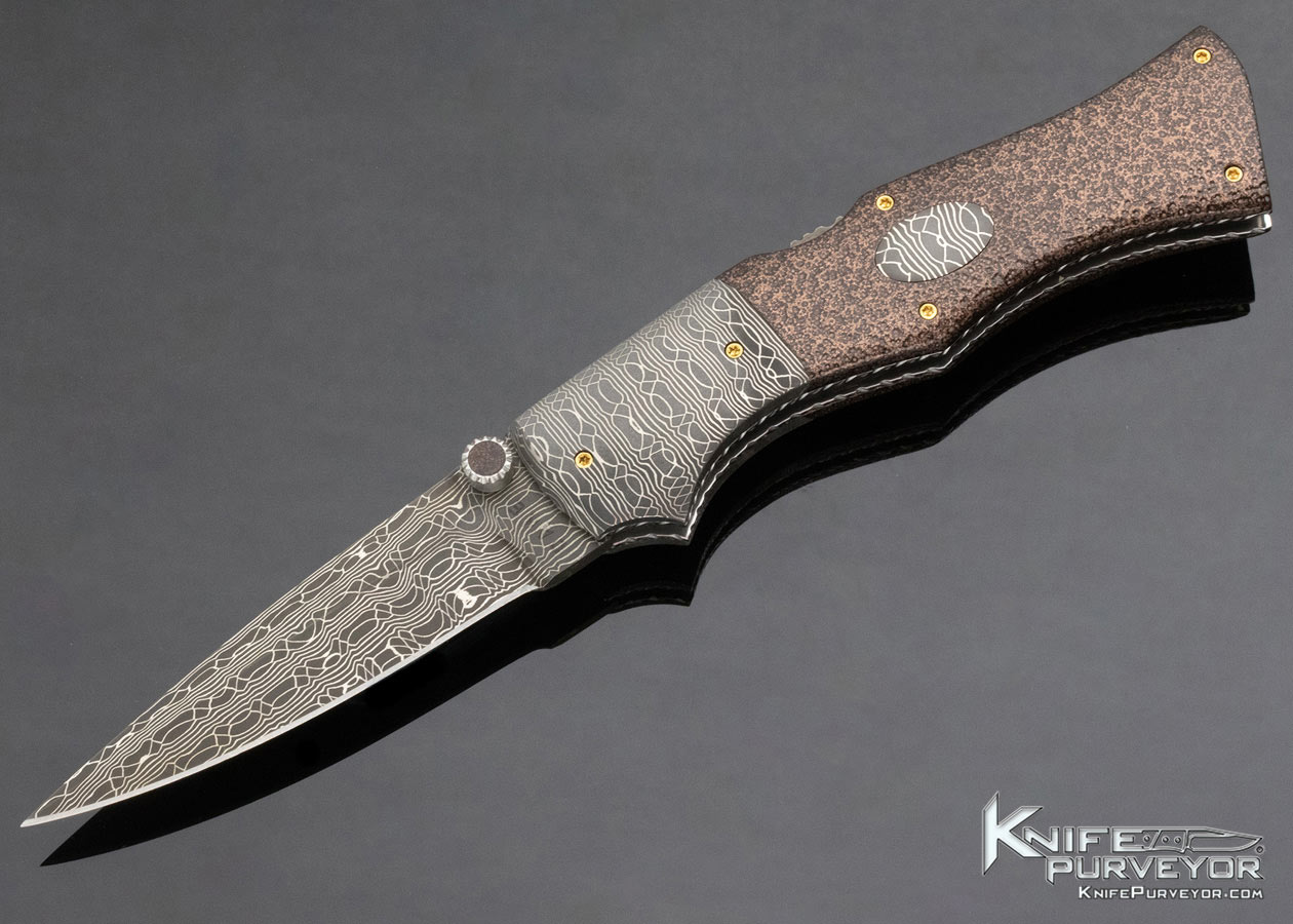 Charlie Dake Custom Knife Damascus and Fossilized Dinosaur Bone Automatic Front Lock 11868
