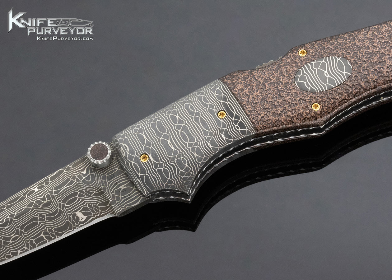 Charlie Dake Custom Knife Damascus and Stippled Patina Metal Double Action Automatic Front Lock - Image 2