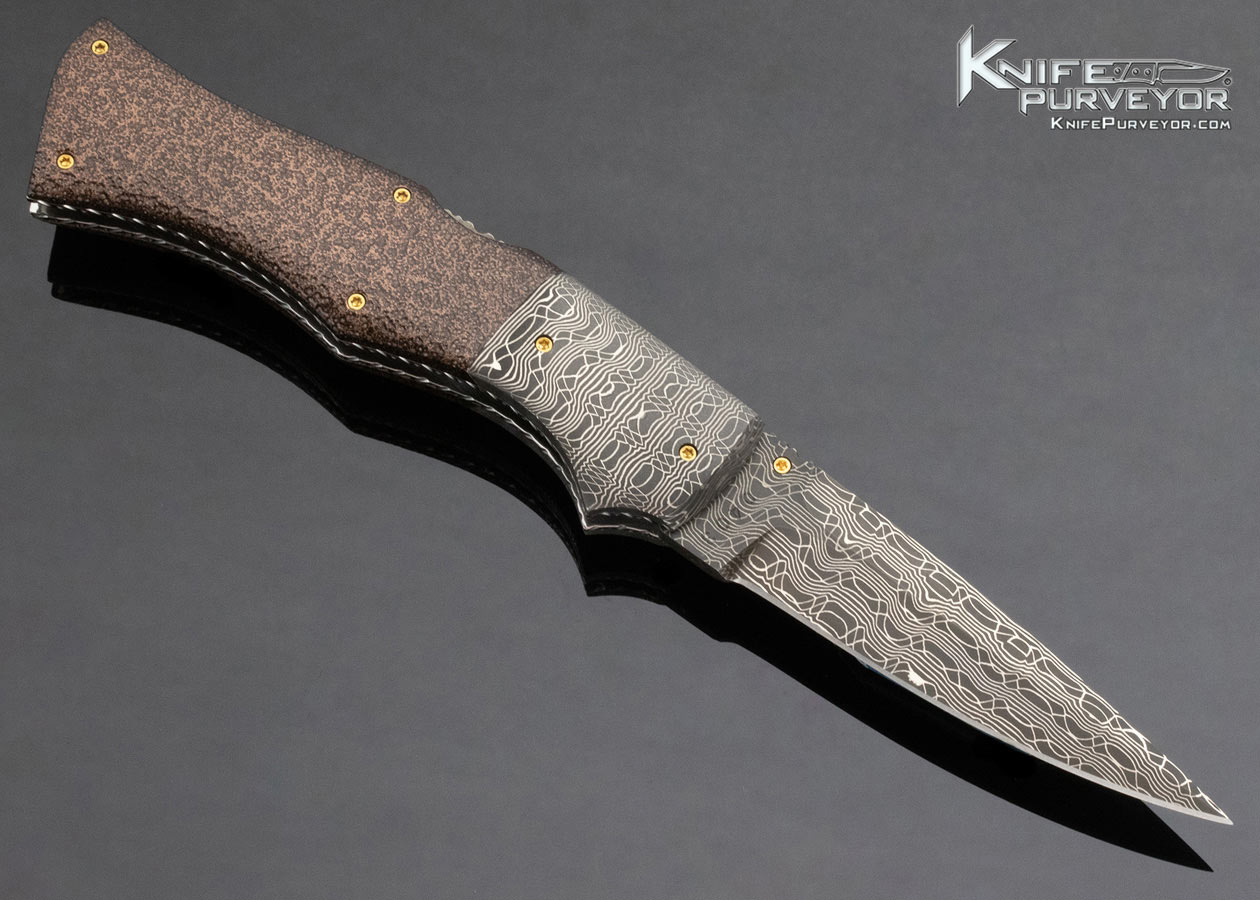 Charlie Dake Custom Knife Damascus and Stippled Patina Metal Double Action Automatic Front Lock - Image 3