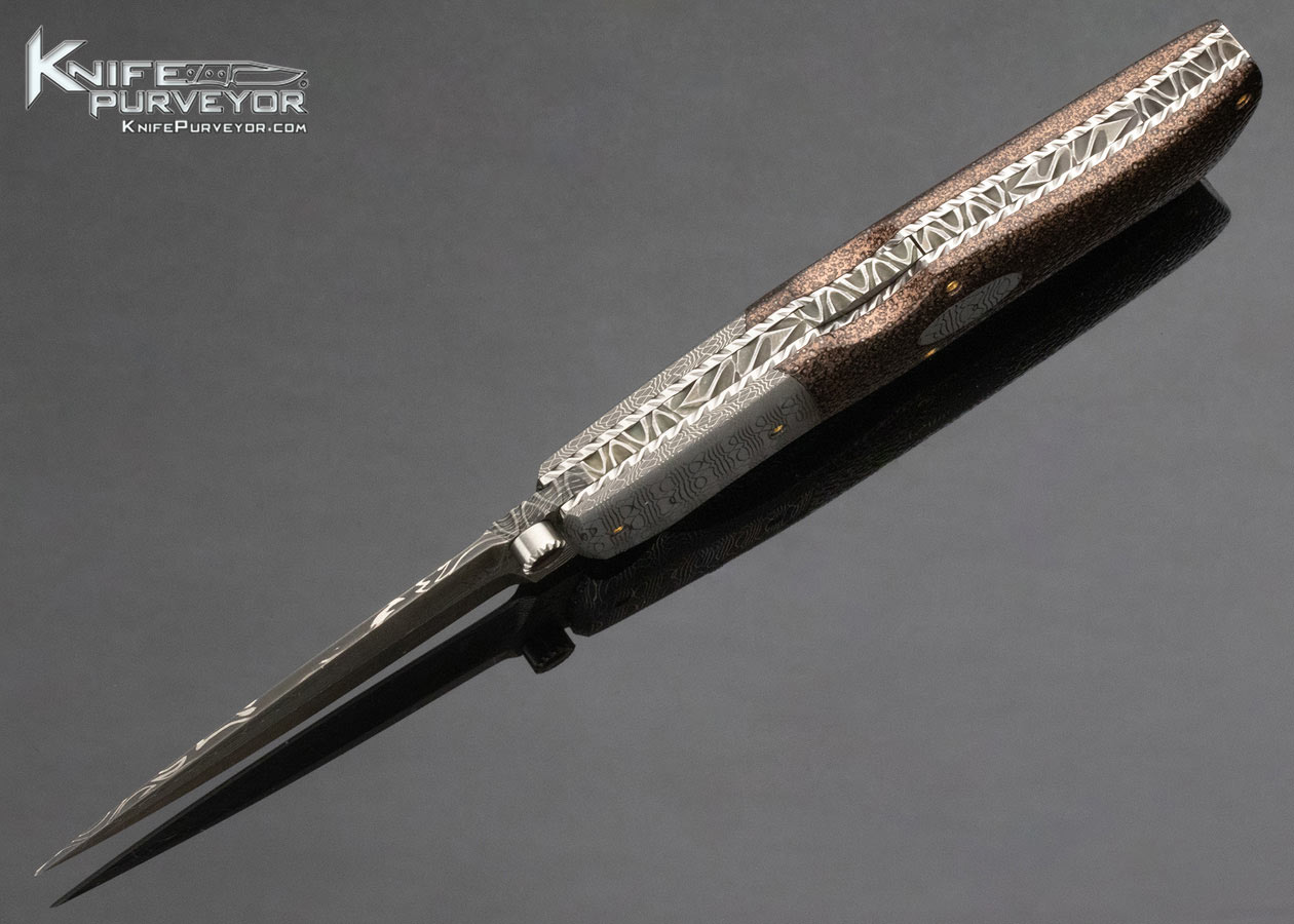 Charlie Dake Custom Knife Damascus and Fossilized Dinosaur Bone Automatic Front Lock 11868