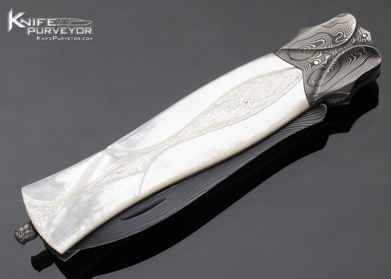 David Broadwell Custom Knife Fluted Damascus and Mother of Pearl Back Lock Dagger - Image 3