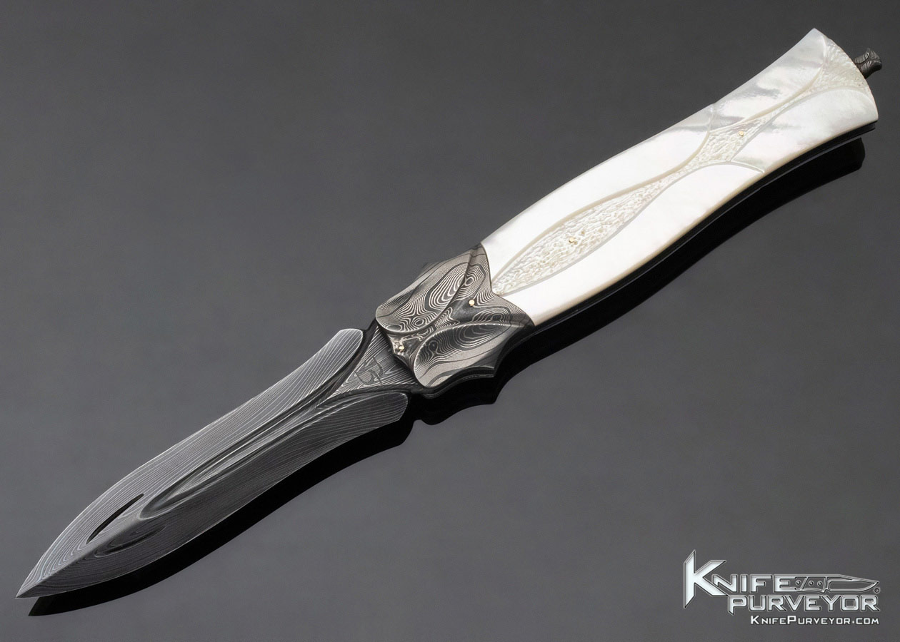 David Broadwell Custom Knife Fluted Damascus and Mother of Pearl Back Lock Dagger 11865