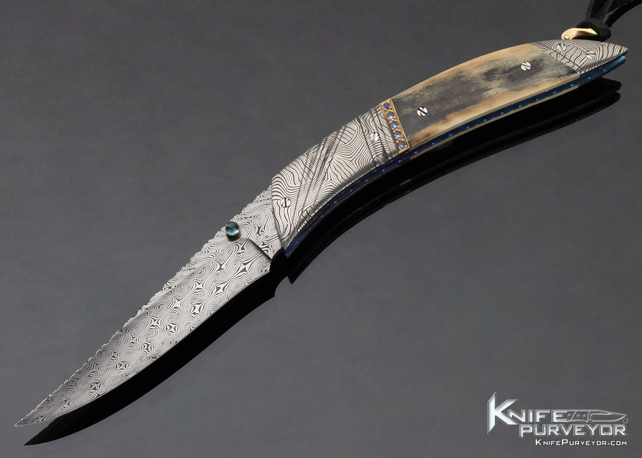 George Dailey Custom Mammoth & Damascus Linerlock with Inlaid Sapphires 11995