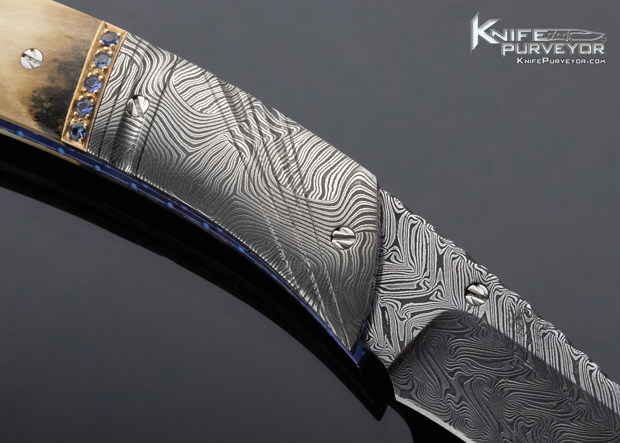 George Dailey Custom Knife Mammoth & Damascus Linerlock with Inlaid Sapphires - Image 4