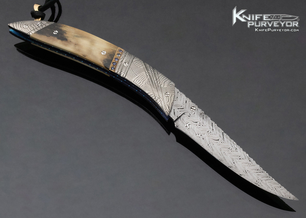George Dailey Custom Knife Mammoth & Damascus Linerlock with Inlaid Sapphires - Image 3