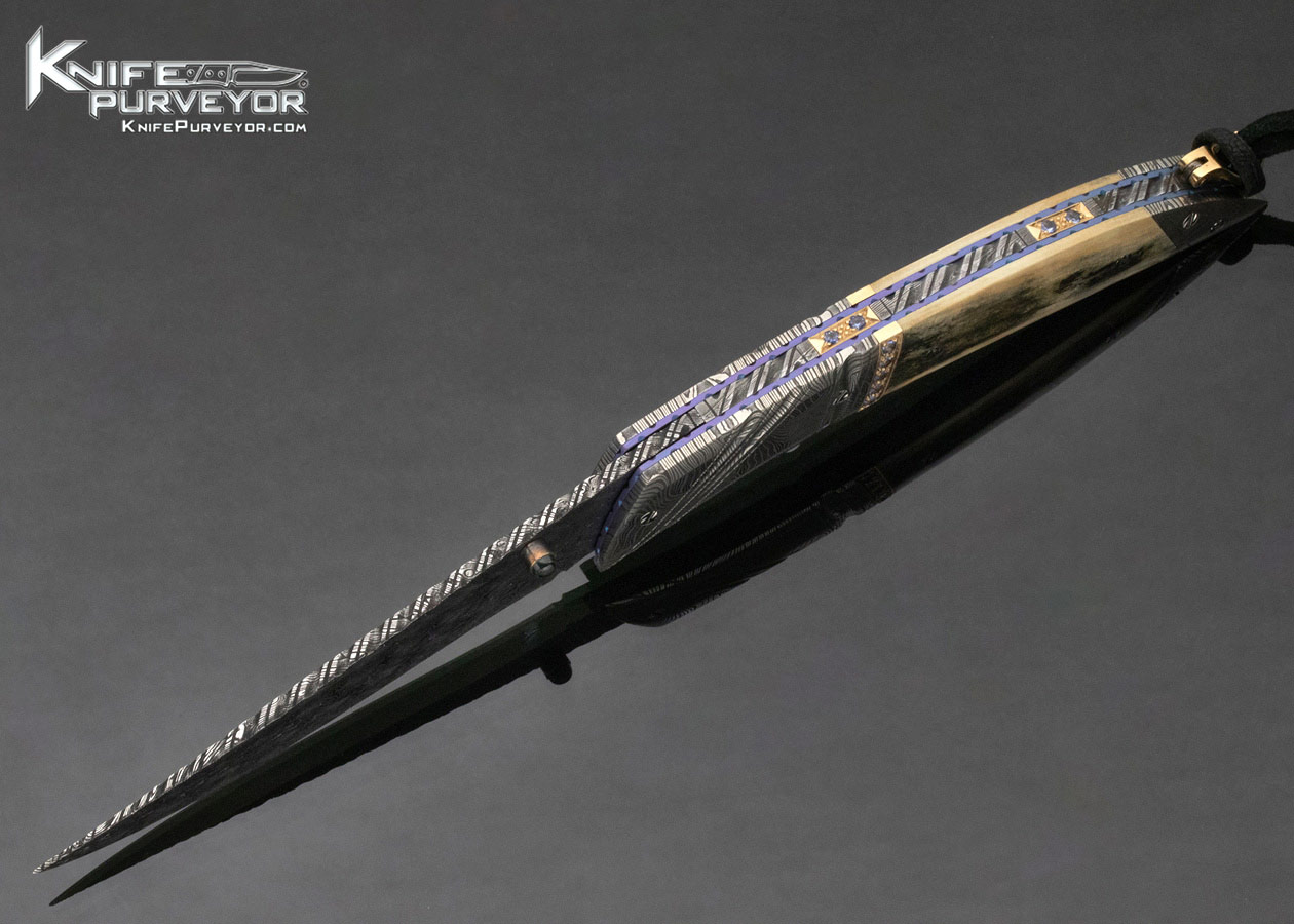 George Dailey Custom Knife Mammoth & Damascus Linerlock with Inlaid Sapphires - Image 7