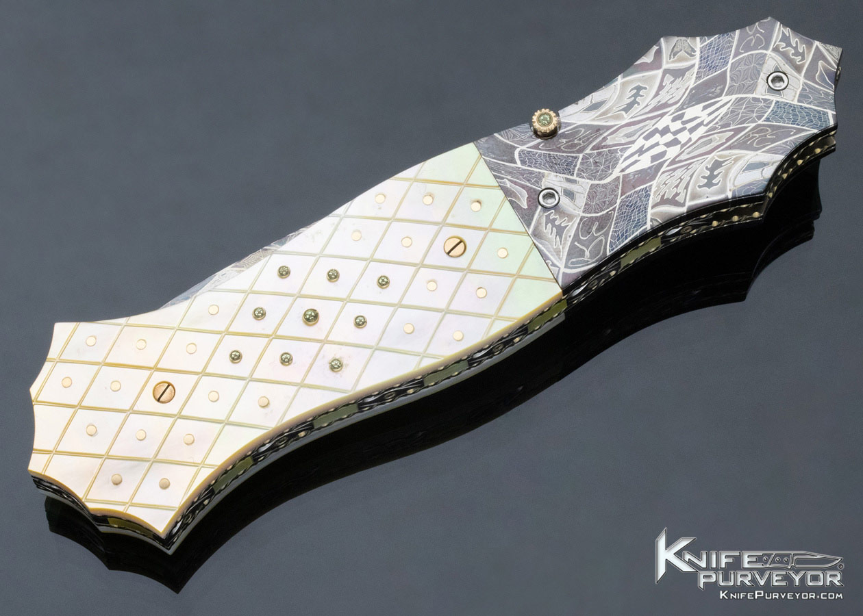 Jerry Corbit Custom Knife Robert Eggerling Mosaic Damascus Fluted Gold Lip Pearl with Gemstone Linerlock - Image 5