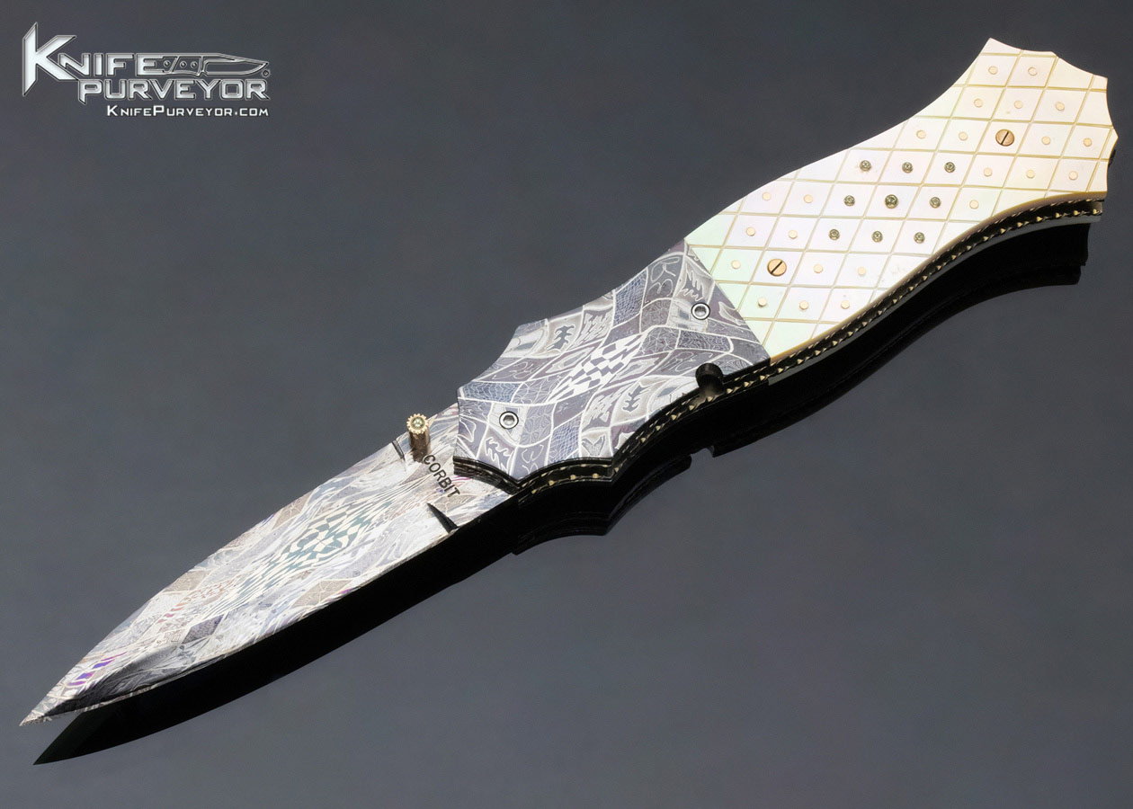 Jerry Corbit Custom Knife Robert Eggerling Mosaic Damascus Fluted Gold Lip Pearl with Gemstone Linerlock 11914