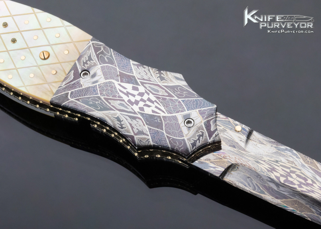 Jerry Corbit Custom Knife Robert Eggerling Mosaic Damascus Fluted Gold Lip Pearl with Gemstone Linerlock - Image 4