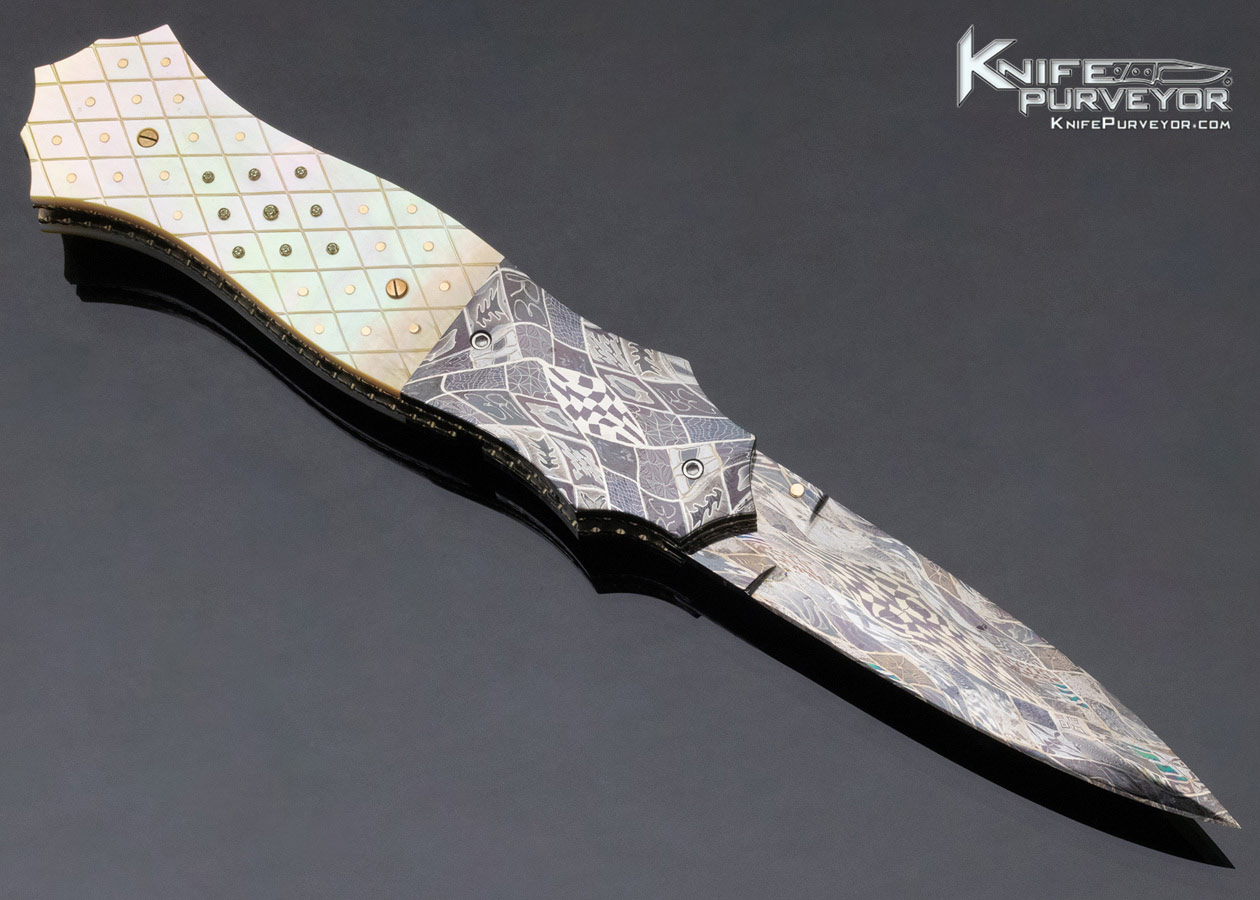 Jerry Corbit Custom Knife Robert Eggerling Mosaic Damascus Fluted Gold Lip Pearl with Gemstone Linerlock - Image 3