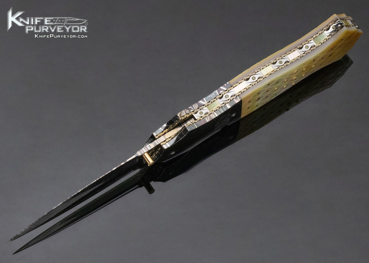 Jerry Corbit Custom Knife Robert Eggerling Mosaic Damascus Fluted Gold Lip Pearl with Gemstone Linerlock - Image 7