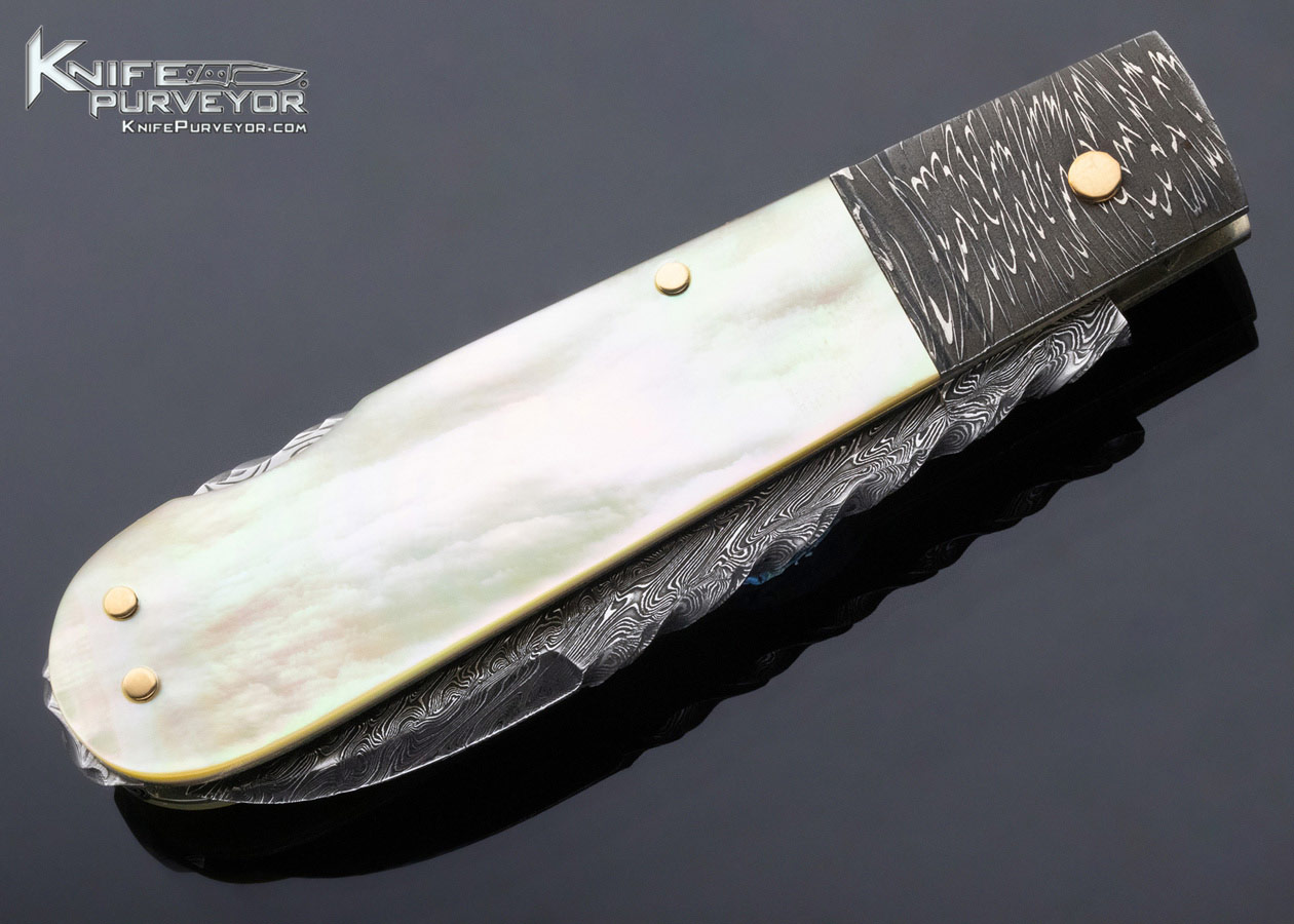 Kay Embretsen Custom Knife Gold Lip Pearl and Damascus "Barlow" Lockback - Image 3